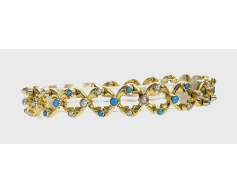 Attractive 15ct expanding link bracelet set with seed pearls and turquoise, 18.1gm, with soft pouch
marked 'baden Patent'