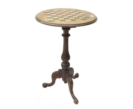 Victorian walnut chess table upon a tripod base, 18" diameter x 24" high