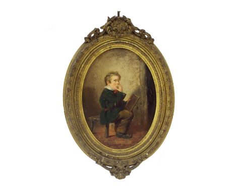 Edward Charles Barnes (Ex. 1856-1882) - portrait of a young boy seated eating a strawberry and holding a small blackboard in 
