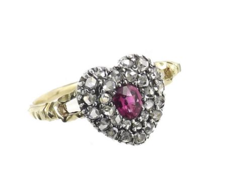 Pretty rose-cut diamond and ruby heart ring set in white metal with a yellow gold shank, cluster 11mm x 11mm, ring size P