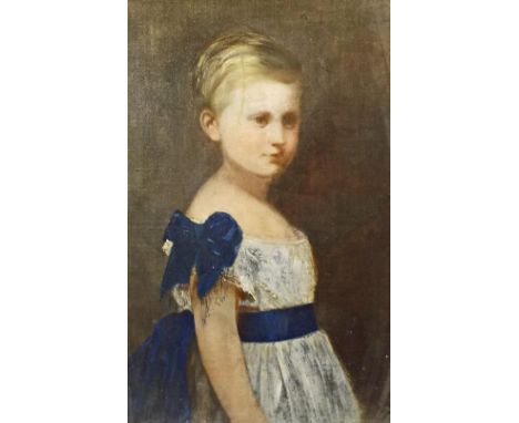 English School (19th century) - portrait of a young boy, half length wearing a cream lace dress decorated with blue ribbons, 