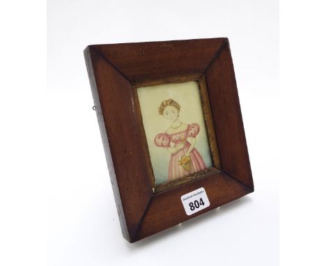 English School - half length naive portrait of a girl holding a basket of flowers, watercolour, 4" x 3", mahogany frame