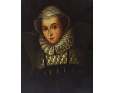 Continental School (19th century) - portrait of an Elizabethan lady wearing a black dress with lace accessories, a ruff and l