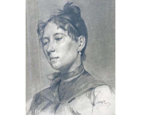 19th Century School - bust portrait study of a lady looking downwards, indistinctly signed, charcoal study, 18" x 14"