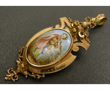 19th century oval yellow gold and enamel pendant, with an oval enamel depicting a musician playing a flute beneath a single h