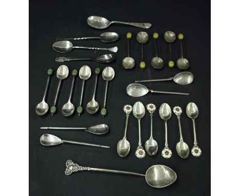 Set of six 1930s silver and enamel teaspoons, each mounted by a polychrome Tudor rose, maker Turner & Simpson, each 4" long; 