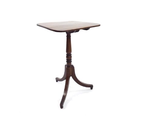 Georgian mahogany tilt-top tripod wine table, the square top upon a baluster column, 20.5" wide x 30" high