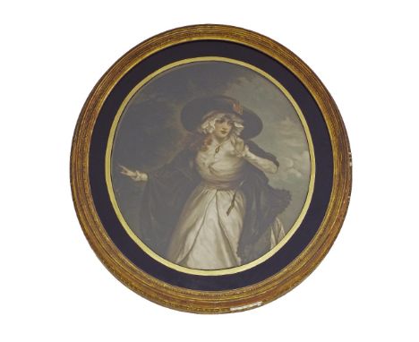 19th Century School - portrait study of a standing lady in a hat, aquatint print, oval mount and eglomised frame, 18.5" x 15.