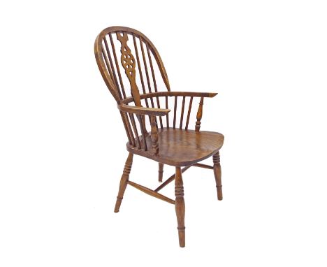 Antique style Windsor stick back carver chair, with pierced wheel vertical splat and elm seat, 21.5" wide x 43" high