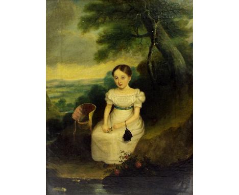 English Provincial School (circa 1830) - portrait of a seated girl wearing a cream dress, her bonnet by her side, an extensiv