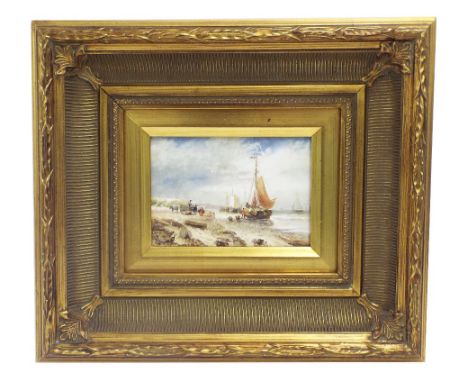 Follower of Sarah Louise Kilpack (20th century) - beach scene at low tide with figures unloading fishing boats, oil on panel,