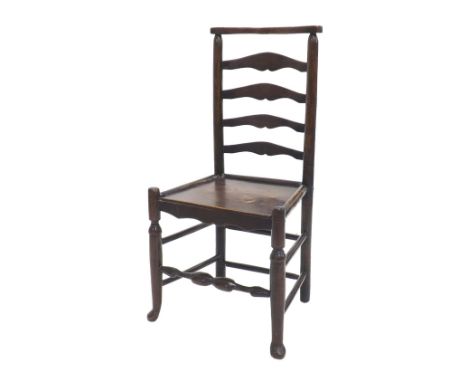 Antique primitive ladder back dining chair with fitted elm seat and turned oak supports, 35" high 