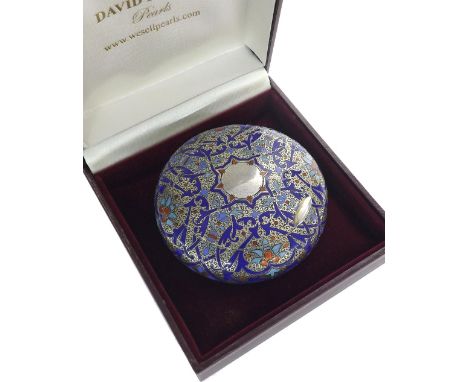 Russian silver-gilt enamel circular box, 88 zolotnik mark, St Petersburg 1873-1898, maker's mark 'AN', 2.4oz, 2.5" diameter 