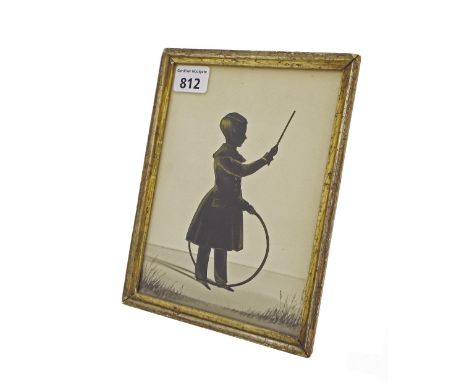 English School - silhouette portrait of a standing boy holding a hoop, 7.75" x 5.5", framed
