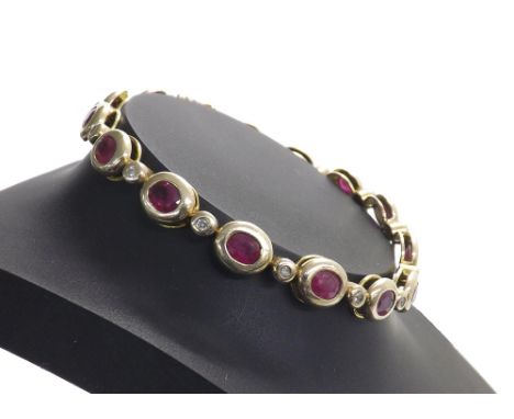 14k ruby and diamond bracelet, with fourteen oval rubies in a rub-over setting between round-cut diamonds, rubies 3.50ct appr