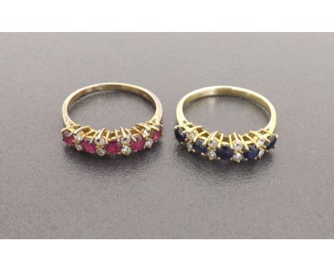 (51 599990524-e) Diamond and sapphire ring, ring size M; together with a 14k ruby and  diamond ring, ring size M (2)