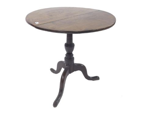 19th century oak tripod table upon a baluster turned column, 31" diameter x 28.5" high