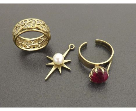 9ct cultured pearl star pendant, synthetic ruby dress 9ct ring, 9ct synthetic spinel band ring, 10.1gm (3)