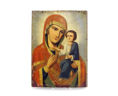 Hand painted icon on panel of Mary and Christ, 9" x 6.5"