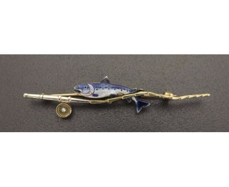 (111 3700229-3-a) Angling Interest - 9ct and silver enamel novelty bar brooch in the form of a fishing rod and salmon, 5gm, 6