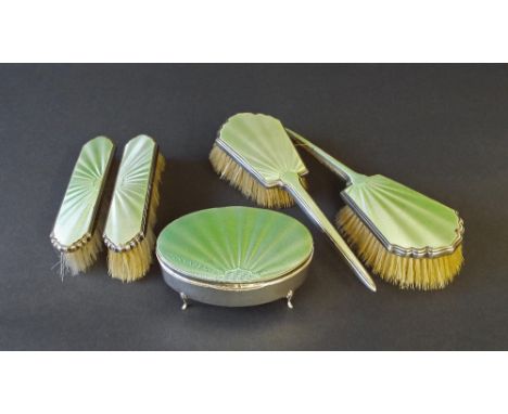 Art Deco silver and guilloche enamel five piece dressing table set, comprising four brushes and baize lined casket, the brush