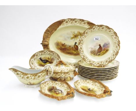 Late 19th/early 20th century Royal Worcester 'Game' part dinner service comprising twin handled platter with novelty pheasant