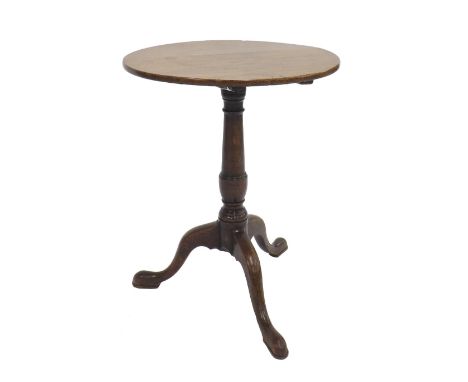 Georgian oak tilt-top tripod wine table on a turned baluster column, 27.5" high