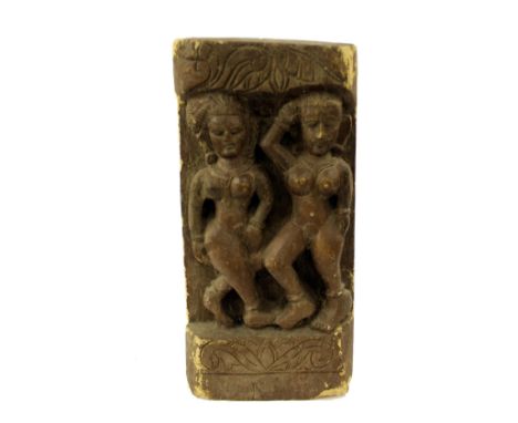 Antique carved wooden panel with two female characters, 20" high x 10" wide