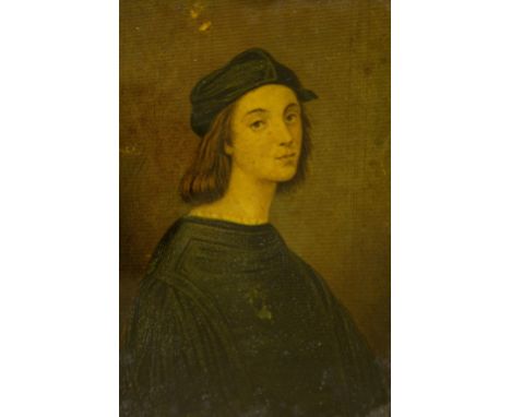 Italian School - self portrait of Raphaello Fanzio da Urbino (Raphael), inscribed verso, reverse glass painting, 5" x 3.5"