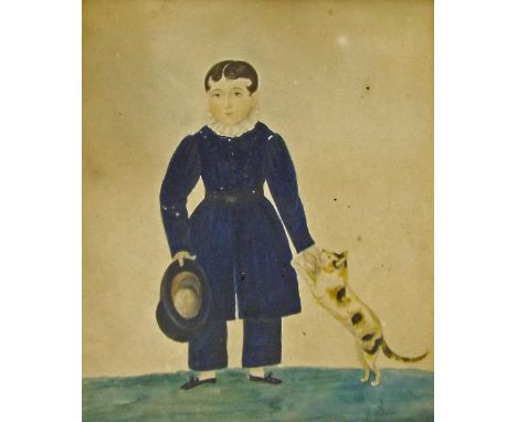 English School (early 19th century) - portrait of a young boy standing wearing period blue costume holding his hat in his rig