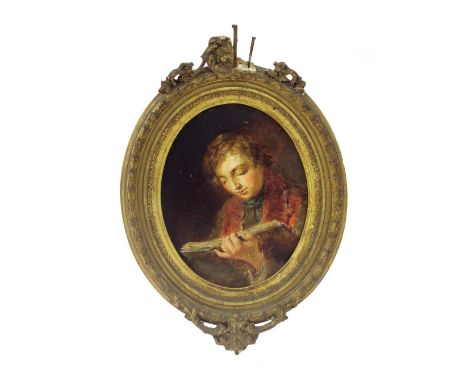 Edward Charles Barnes (Ex. 1856-1882) - portrait of a young boy, head and shoulders, reading a book, signed, oil on board, ov
