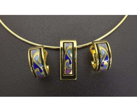 (9) Frey Wille Austrian gold plated enamel jewellery suite, comprising a necklet, pendant and earrings