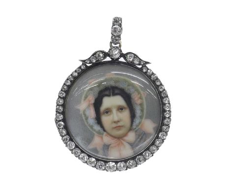 Fine late Victorian diamond set gold mounted circular miniature pendant, inset with a portrait of a lady wearing a bonnet wit