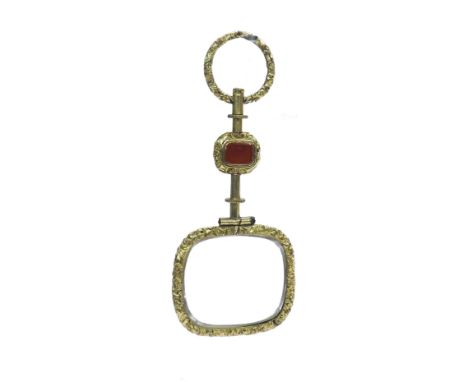 French 19th century gilt metal lorgnette, inset with cornelian and amethyst coloured stone within foliate mounts, 86mm