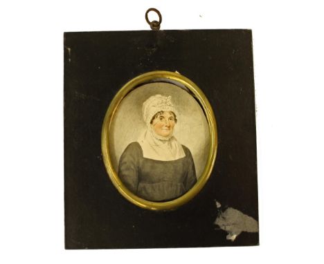 19th Century School - miniature bust portrait of a lady in a bonnet, oval mount, 3.5" x 2.75" and a silhouette picture verso