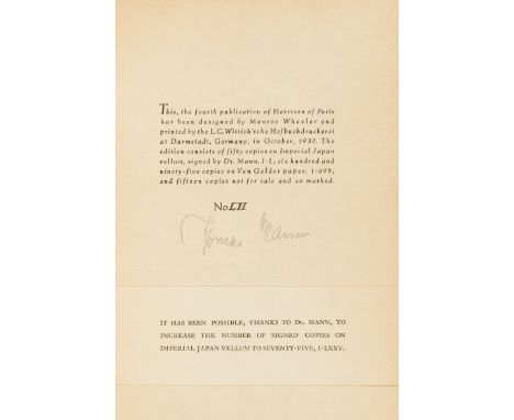 Mann (Thomas) A Sketch of My Life, number 52 of 75 copies printed on japon vellum and signed by the author, printed notice am