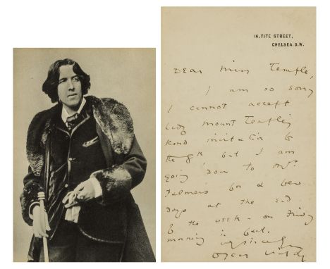 Wilde (Oscar, writer, 1854-1900) Autograph Letter signed to Miss Temple, 1p., 8vo, 16 Tite Street, Chelsea, S.W., n.d., refus