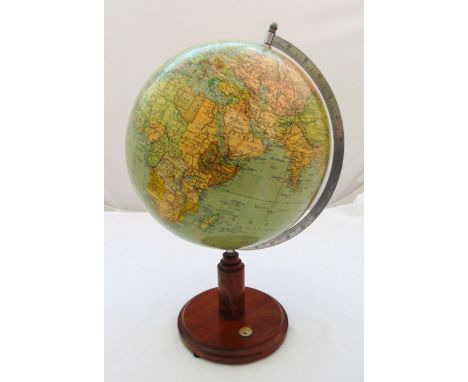 A mid 20th century world globe on mahogany pedestal stand, 53cm (h)
