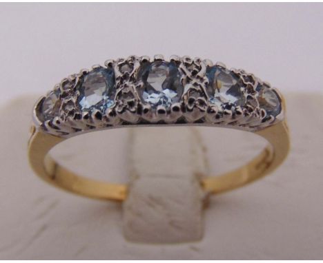 9ct yellow gold five stone aquamarine and diamond ring, approx total weight 2.4g