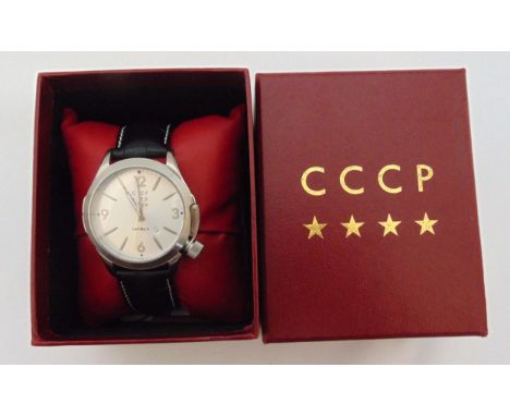 CCCP Shchuka model 1970 gentlemans wristwatch (named after Russian submarine) date window, silvered dial and stainless steel 