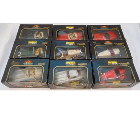 Nine Burago 1/18 scale diecast models of cars to include Jaguar, Mercedes, Ferrari and Alfa Romeo