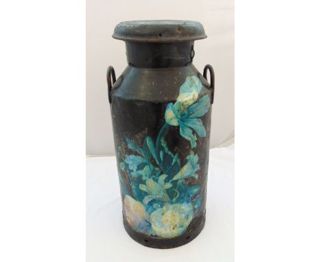 Unigate Creameries twin handled milk churn, black painted with floral decoration to include cover, 76cm (h)