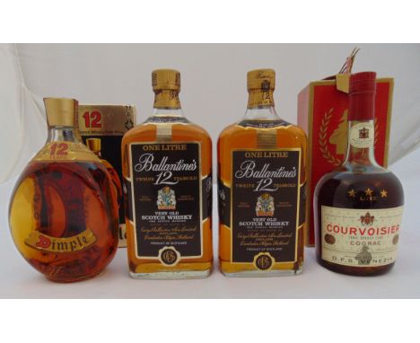 Two 1 litre bottles of Ballantine 12 year old Scotch whisky, Dimple Haig 12 year old 75cl in original packaging and Courvoisi