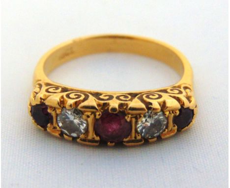 18ct yellow gold diamond and ruby five stone ring, approx total weight 4.3g