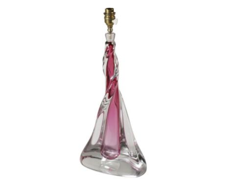 VANNES: FRENCH ART GLASS LAMP BASE of twisted stylised form with pink centre, etched markings, 40cm high