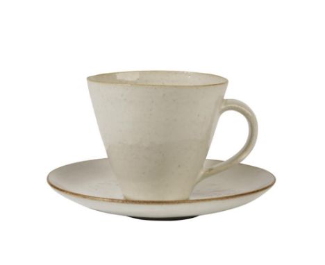 DAME LUCIE RIE DBE (1902-1995) and HANS COPER (1920-1981): A STONEWARE CUP AND SAUCER off-white oatmeal glaze with manganese 