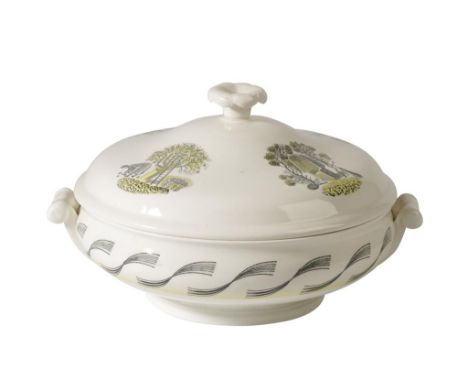 ERIC RAVILIOUS FOR WEDGWOOD: A "GARDEN" CERAMIC TUREEN AND COVER, circular form, detachable cover, flower finial, scroll hand