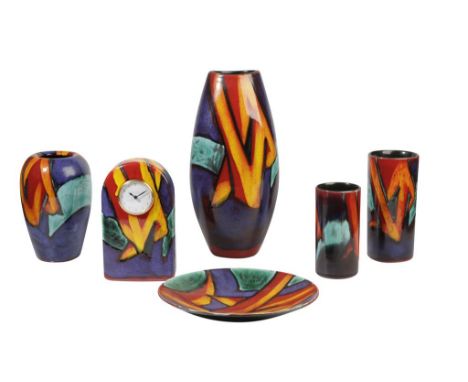 POOLE POTTERY "GRAFFITTI" MANHATTAN VASE, oviform, 36cm high, a mantle clock decorated in the Graffitti pattern, three vases 