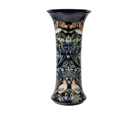 MOORCROFT: "TAPESTRY OF BIRDS" PRESTIGE LIMITED EDITION TRIAL VASE, cylindrical form with fluted rim, tubeline decorated with