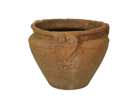 COMPTON POTTERY: A "FLOREAT" TERRACOTTA JARDINIERE, probably designed by Archibold Knox, ovoid form, moulded stylised decorat